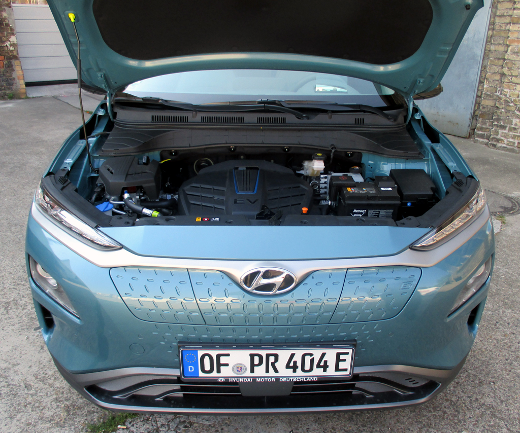 Hyundai Kona Elektro: Blick unter die Haube, hier beim stärkeren 204-PS-Elektromotor.