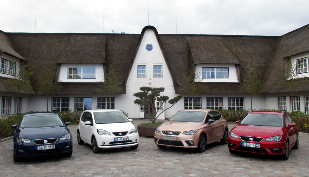 Seat-Erdgasmodelle im Viererpack: (von links) Leon-Kombi ST, Mii, Ibiza, Leon-Fließhecklimousine. Foto: Koch
