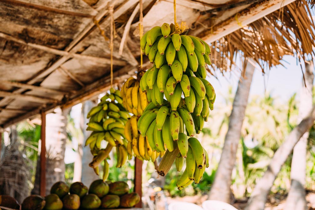 An den Ständen wird meist Obst verkauft, hier Bananen.