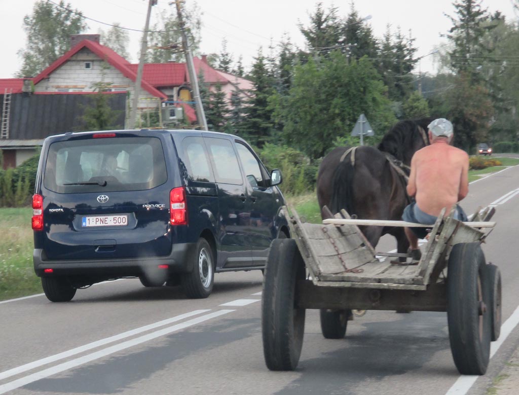 Begegnung der besonderen Art: Ein Toyota Proace fährt an einem Pferdewagen vorbei.